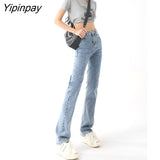 Yipinpay Straight High Waist Stretch Jeans Woman Casual Light Blue Jean Trousers Black Denim Pants Ladies