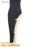 Yipinpay Womens Sexy Vintage Furry Feathers Irregular Hem Strapless Long Dress Elegant Sexy Black Gowns for Ladies Party