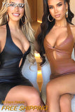 Yipinpay Black PU Leather Bodycon Dress Women Backless Halter Skinny Mini Dresses Party Clubwear Sexy Sleeveless Cut-Out Vestidos