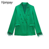 Yipinpay 2023 Women Feathers Sleeve Blazer Pant Sets Autumn Winter Double Breasted Office Outfits Jacket Zipper Trousers Outwear