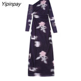 Yipinpay 2023 Women Tulle Printed Asymmetrical Dresses Elegant Party Folds Sexy Party Vestidos Fashion Long Sleeve Mid-Calf Dresses
