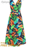 Yipinpay European and American New Large Size Fashion Sleeveless Bow Sling Printed Big Swing Beach Skirt Dress Women