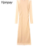 Yipinpay Elegant Women Solid Tulle Dresses Vintage Party Sheath Mid-Calf Dress Long Sleeve Vestidos 2023 Spring Autumn