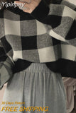 Yipinpay Crop Contrast Check Sweater Women Sueter Mujer Casual Knit Outwear Top 2023 Shirts for Women Blue Plaid Sweaters