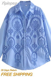 Yipinpay TRAF Fashion Embroidery Women's Shirt 2023 Summer Hollow Out Long Sleeve Blouse Top for Women Ladies Single-breasted Tops