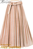 yipinpay Autumn Winter Skirt Women With Belt Long Metallic Silver Maxi Pleated Skirt Midi High Waist Fashion Vintage Saia Party