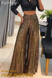 Yipinpay Women Fashion Solid Sequins High Waisit Zipper Wide Leg Full Length Club Pants