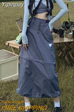 Yipinpay Vintage 90s Cargo Skirt Long Women Autumn Casual High Waist Detachable Patchwork A-line Midi Dress Korean Streetwear