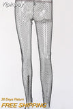 Yipinpay MO Crystal Diamond Wide Leg Pants Women Sexy Hollow Out Transparent Mesh Trousers Winter Fishnet Beach Party Pants 2023