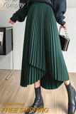 Yipinpay Women's Midi Pleated Skirt Asymmetrical Slim Elastic Waist Vintage Korean A-line Skirts 2023 Fashion Black Chic Skirt