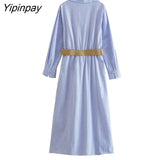 Yipinpay Elegant Women Striped Mid-Calf Dresses With Belt 2023 Spring Summer Turn Down Collar Dresses A-line Long Sleeve Vestidos