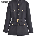 Yipinpay Women Single Breasted Blazer Coat With Belt 2023 Autumn Vintage Long Sleeve Flap Pockets Female Outerwear Chic Vestes Femme
