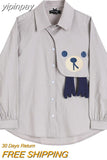 yipinpay Women's Clothing Shirt Versatile Loose Grey Long Sleeved Printed Bear Pattern Fashion Tops Casual Button Ladies Baggy Blouse