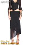 Yipinpay Womens Summer Skirt 2Pcs Suit Solid Color Long Sleeved Ruffled V-Neck Cropped Tops + Low Waist Fish Tail Slit Long Skirt 0407