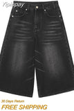 Yipinpay Women Black Y2k Style Baggy Denim Shorts Wide Leg Short Pants Fashion High Waisted Dark Wash Knee Length Jeans Female Casual