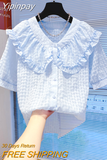 Yipinpay Feminina Black Plaid Shirt Women Doll Tops Peter Pan Crop Tops Chiffon Short Sleeved Ruffled Shirt 2023 Blouse Summer
