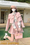 Yipinpay New Ribbon Shirt Short Coat High Waist Pleated Skirt Chic Tweed Jacket 3 Piece Sets 2023 Autumn Winter Skirt Sets Top