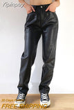 Yipinpay Faux Leather Straight-Leg Pants Fall Winter Fashion Women High Waist Button Up Trousers Solid Color PU Pants Streetwear