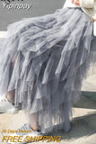 Yipinpay Women Tutu Mesh Maxi Skirt Long Tulle Solid Irregular Casual Korean Skirts Lining High Waist Kawaii Bridesmaid Faldas