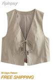 Yipinpay TRAF 2023 Women's Vest Linen Vests Woman Chic V-Neck Lace Up Summer Sleeveless Vests for Women Ladies Waistcoat Tops