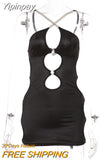 Yipinpay MO Sexy Hollow Out Spaghetti Strap Backless Mini Dress Women 2023 Slim Sleeveless Black Clunwear Party Dresses Vestido