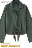 Yipinpay Knotted Crop Top Women Tied Button Up Shirt Chic Woman Blouse Streetwear Long Sleeve Summer Top Women's Cropped Blouse