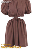Yipinpay Bohemian Hollow Out Sexy Dress Woman Brown Chic Female Mini Summer Dresses Beach Wear Short Sleeve Backless Vacation