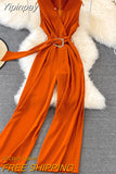 Yipinpay Women Wide Leg Pants Jumpsuit Sleeveless Sashes Casual High Waist Overalls Office Ladies Elegant Playsuits Plain 2023