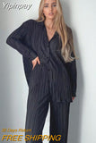 Yipinpay Pleated 2 Piece Women Pants Sets Loose Shirts And Wide Leg Long Pants Suit Ladies Outfits Fashion Office Two Piece
