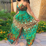 Yipinpay Women Chic All Over Print Spaghetti Straps Hollow Out Leopard Pattern Sleeveless High Silt Maxi Sexy Dress
