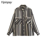Yipinpay Women Striped Blouses Shirt 2023 Spring Autumn Causal Turn Down Collar Long Sleeved Thin Tops Single Breasted T-Shirts