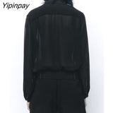 Yipinpay 2023 Women Solid Thin Blouses Spring Summer Fashion Turn Down Collar Long Sleeved Tops Vintage Single Breasted T-Shirts