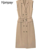 Yipinpay Elegant Women Blazer Dresses With Belt 2023 Autumn Solid Notched Office Lady Dresses Sleeveless Double Breasted Vestidos