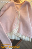 Yipinpay Women's Sweaters 2023 Autumn Gentle Korean Pearl Button Ruffled Patchwork Pink Cropped Cardigan V Long Sleeve Mesh Knitted Coat