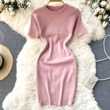 Yipinpay Women Korean Elegant Knitted Dress Short Sleeve O-neck Mini Dress Solid Elastic Slim Casual Summer Pencil Dress