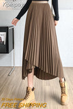 Yipinpay Women's Midi Pleated Skirt Asymmetrical Slim Elastic Waist Vintage Korean A-line Skirts 2023 Fashion Black Chic Skirt