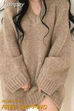 Yipinpay Winter Knitted Sweaters Women Oversized Simple Loose V-neck Pullovers Korean Fashion Solid Jumpers Tops Female Pull Femme