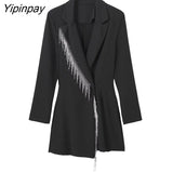 Yipinpay Womens Autumn Suit Style Jumpsuit 2023 New Office Lady Shiny Tassels Outwear Long Sleeve Romper Short Suit