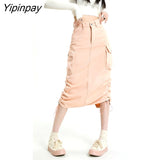 Yipinpay Pink Overalls Denim Skirt Women's High Waist Split A-line Hip Wrap Skirt