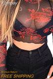 Yipinpay Women Sexy T-Shirt Fall Dragon Print Vintage Round Neck Long Sleeve See Through Long Sleeve Mesh Crop Tops Streetwear Club