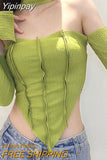 Yipinpay Women's Crop Tops Clothes y2k Harajuku Halter Neck Off Shoulder Long Sleeve Solid Color Sexy Corset Top T-Shirt for Young Ladies