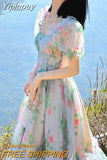 Yipinpay Style Elegant Floral Midi Dress Vintage Short Sleeve Evening Party Dress Casual Korean Fashion Sundress Woman 2023 Summer