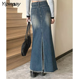 Yipinpay Vintage Blue High Waist Denim Split Skirt Women's Long Fishtail Skirt 0406