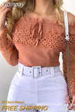 Yipinpay New Summer Fashion Women Pink Slash Neck Off Shoulder Hollow Lace Top Woman Flare Sleeve Slim Tops