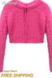 Yipinpay Mohair Zipper Sweater Sueter White Fur Cropped Cardigan Knitted Jacket Korean Fashion Clothes Pink Cardigan Tops Women