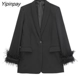 Yipinpay 2023 Women Feather Blazer Jackets Spring Autumn Notched Office Outfits Pockets Coats Single Button Long Sleeve Chic Outwear