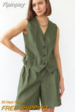 Yipinpay Street Style Green Shorts Suits Cotton Linen Two Pieces Vest Top Shorts Casual Sets 2023 Office Ladies Shorts Outfit