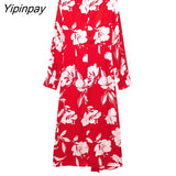 Yipinpay Spring Summer Women Floral Printed Dresses 2023 Fashion Ladies O-neck Party Mid-Calf Dresses A-line Long Sleeve Vestidos
