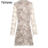 Yipinpay 2023 Women Pleated Tulle Print Dress Summer Elegant Turtleneck Party Sexy Long Sleeve Vestidos Fashion Back Zipper Dresses