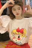 Yipinpay Casual Loose Bubble Cartoon Top Bow White Short Sleeved T-shirts Grunge Tshirt Graphic T Shirts Ropa Mujer Tees Y2k